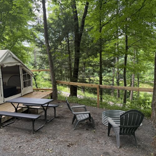 Beige canvas tent on a wooden deck in a forest, with a black picnic table and benches nearby.