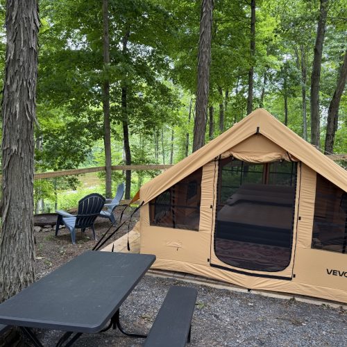 Beige camping tent pitched on a wooden deck in a forested campsite with a fence and plastic chairs nearby.