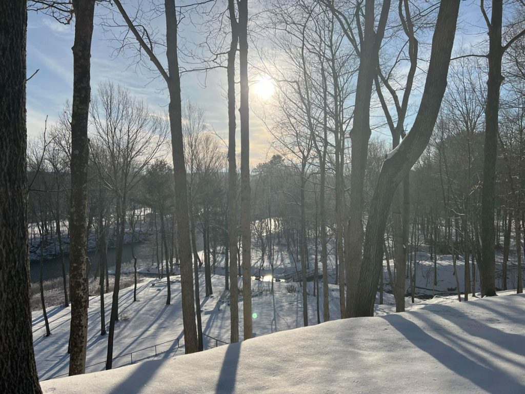 View of Sunrise on a snowy day with creek just below the Green Bean.