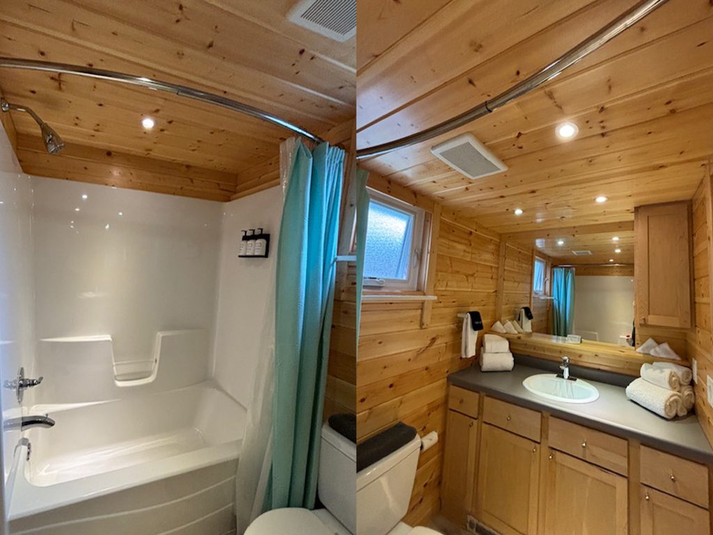 Two photos side by side, one of the full tub and shower and the other of the toilet and vanity