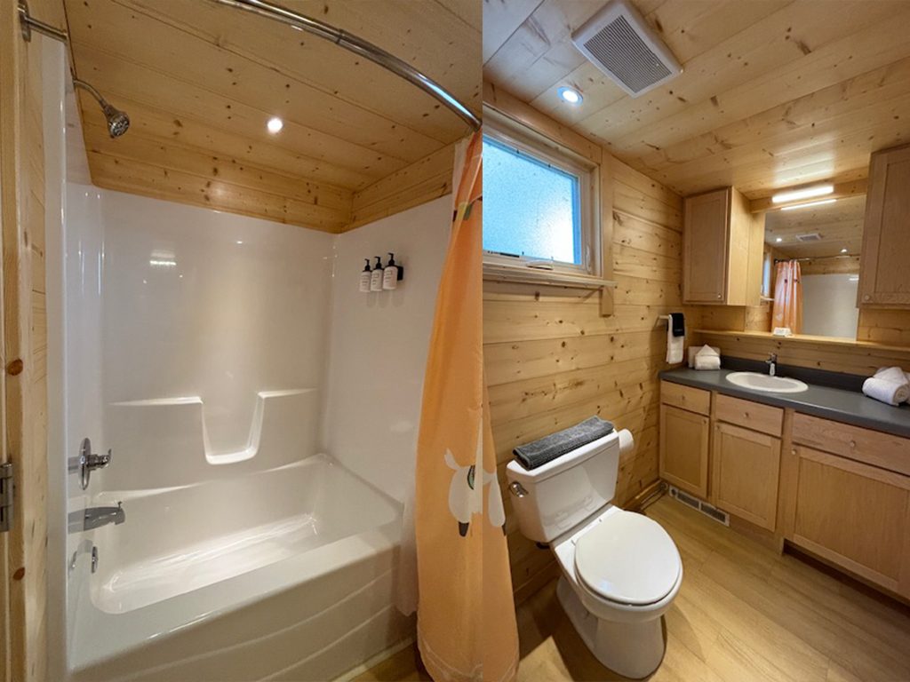 split kichen view of bathrub and sink and toilet